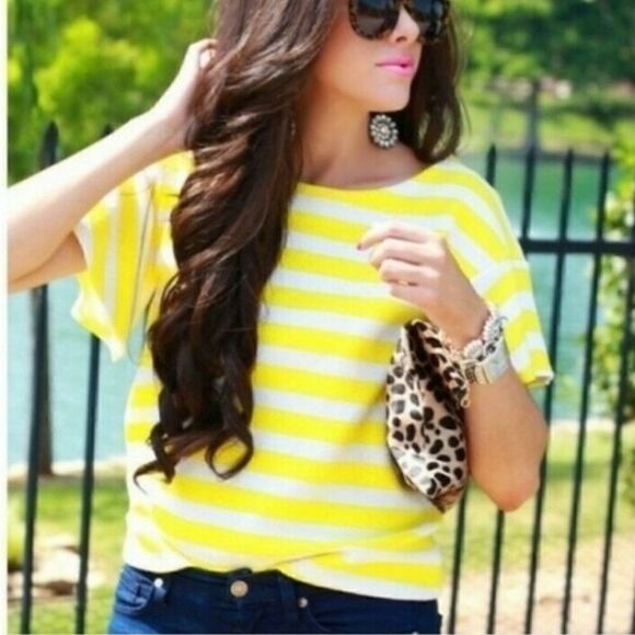 Anthropologie Postage Stamp Edie Butterfly Yellow White Stripe ShortSleeve Top L - Picture 1 of 9